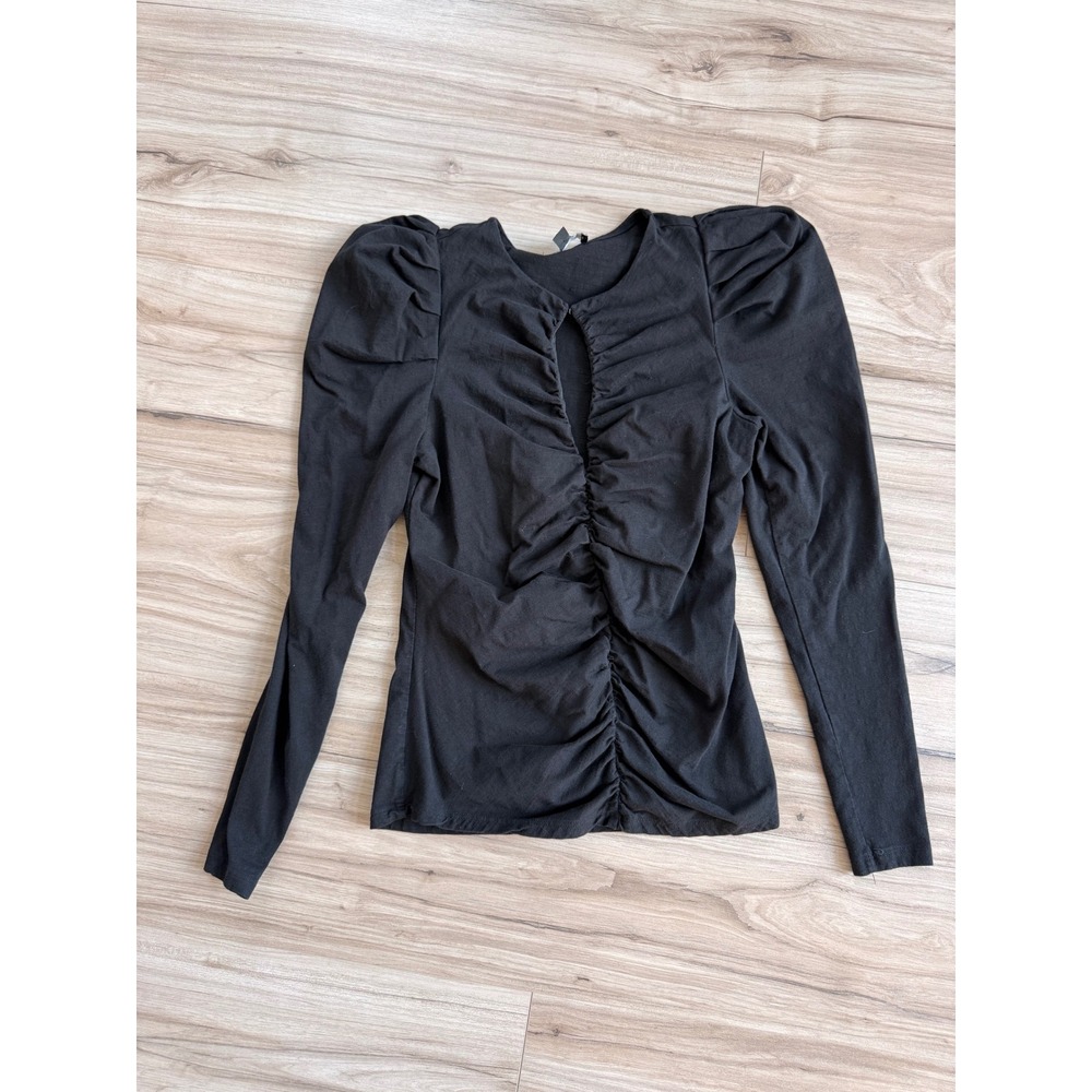 INC International Concepts Black Ruched Keyhole Puff Sleeve Top Medium